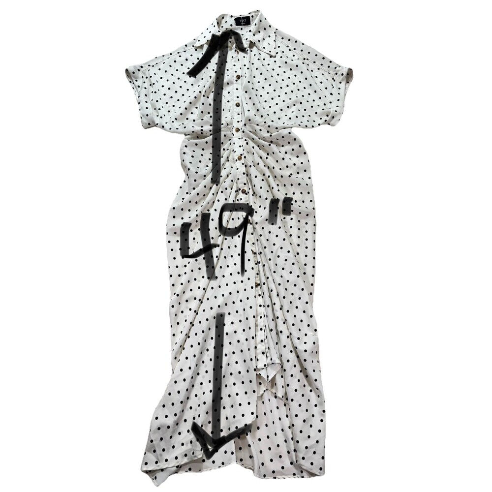 VICI Midi Shirt Dress Black White Polka-dot Print Gathered Front Draping Size S - Picture 4 of 8